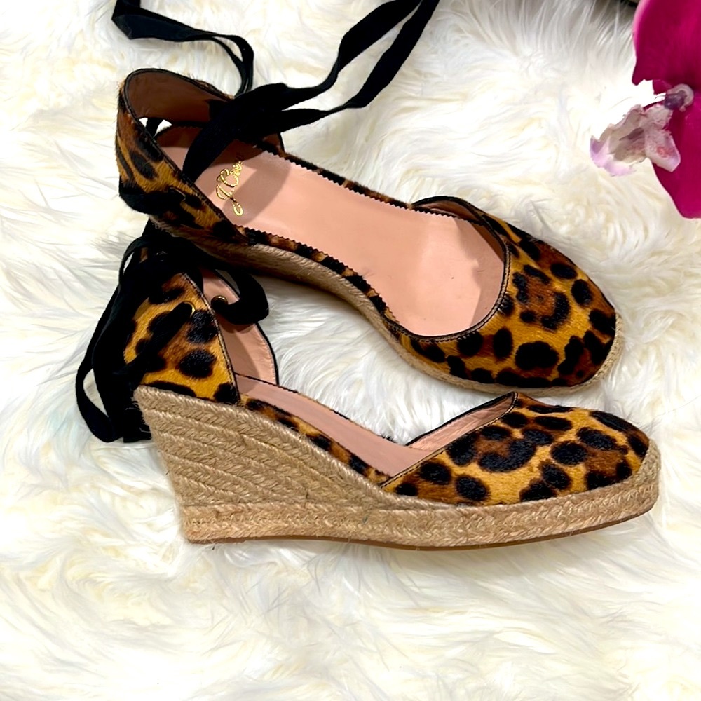J. Crew Leopard Print Espadrille Wedges with Black Ankle Ties